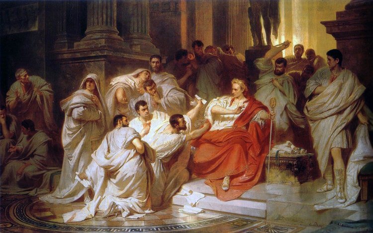 Os senadores cercam Júlio César. Pintura de 1865.