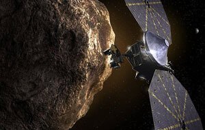 Lucy estuda um asteroide troiano. Gravura da NASA.